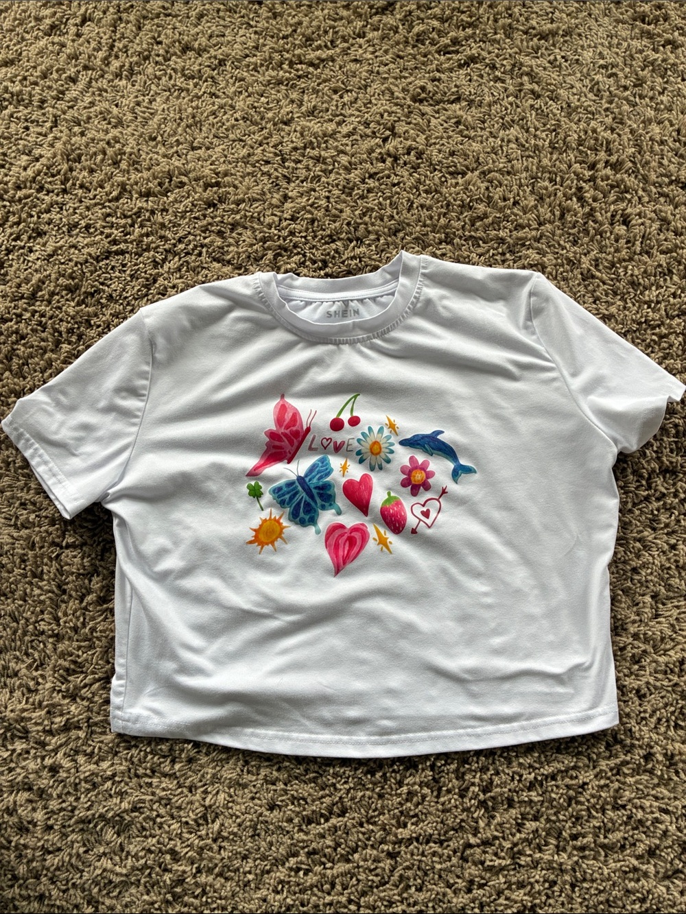 SHEIN White Tee with Colorful Heart Motif